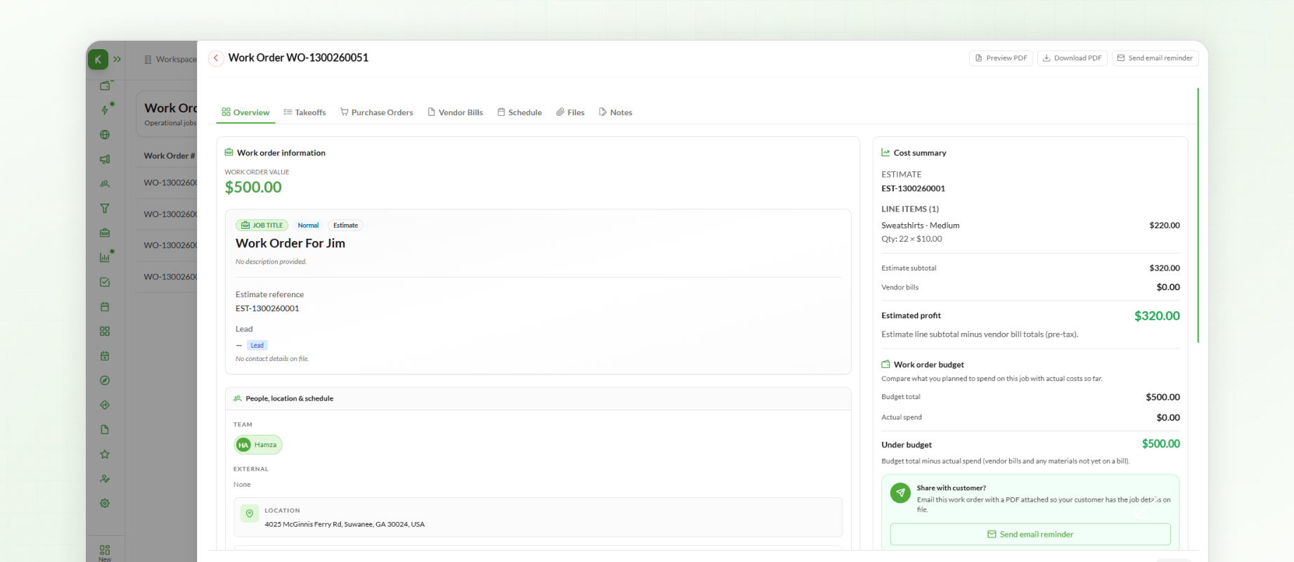 Creating work order