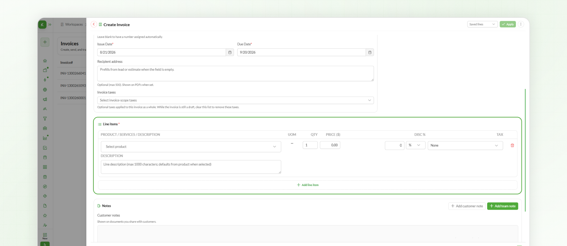 Line Items in Invoice Module