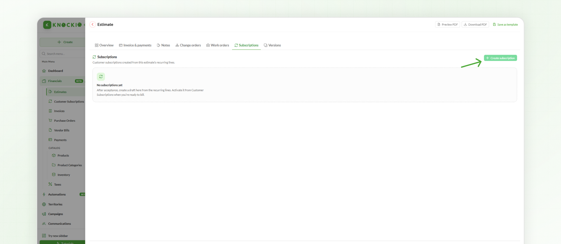 Create Subscription from Estimate Module