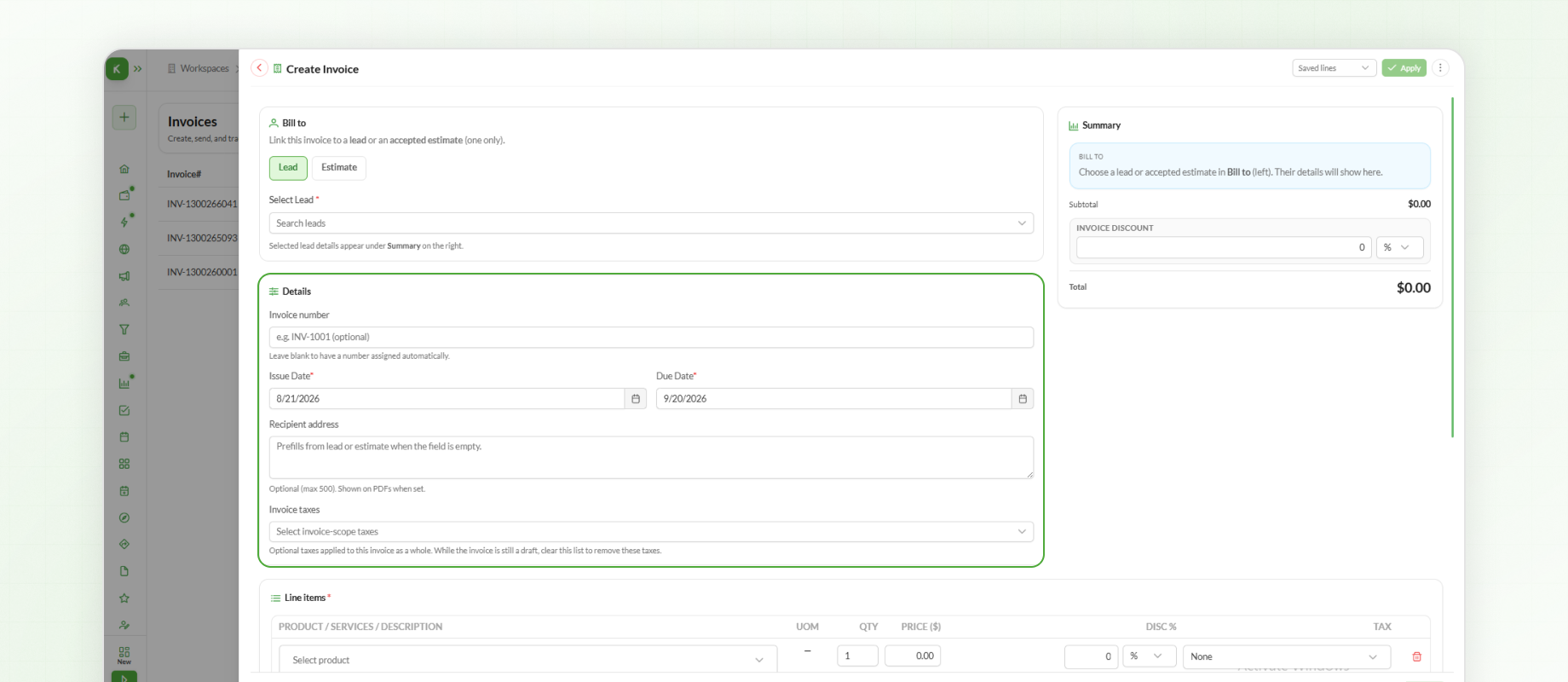 Invoice Details in Knockio
