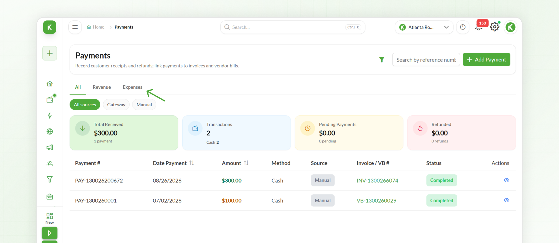 Revenue and Expense Filters in Payment Module