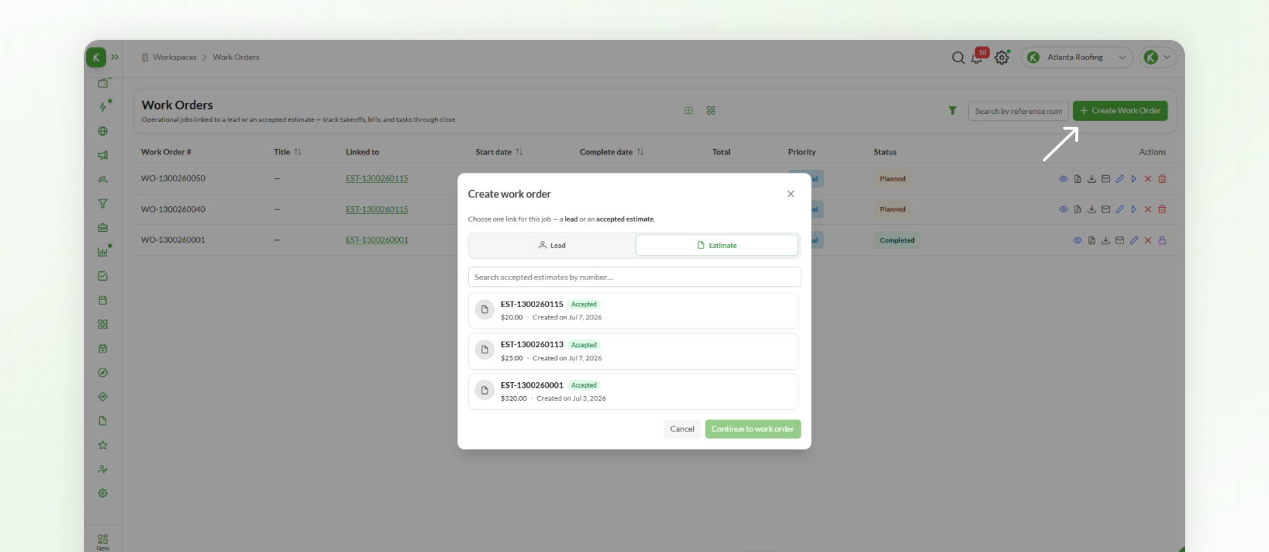 Creating work order