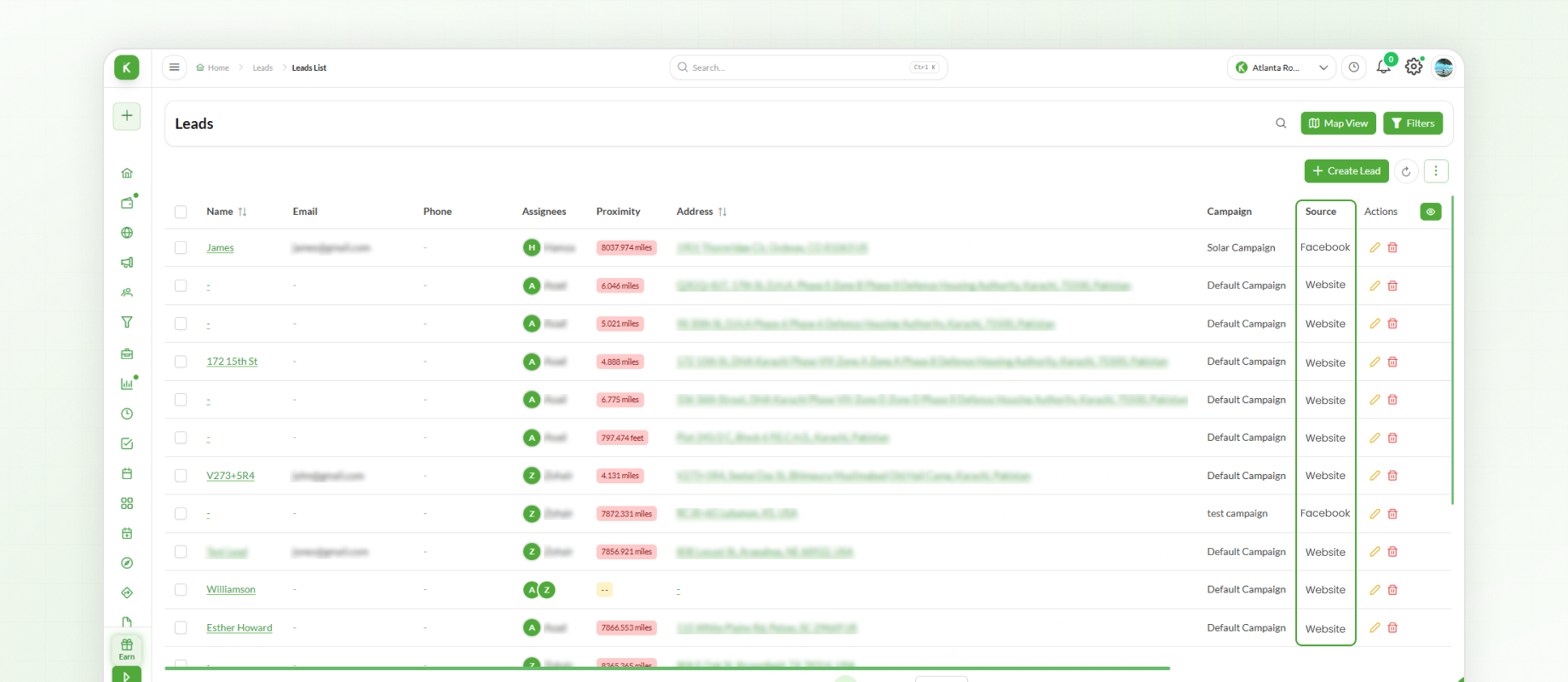 Leads filtering by source