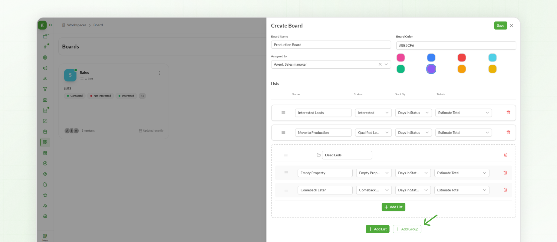 organise stages with groups in board 