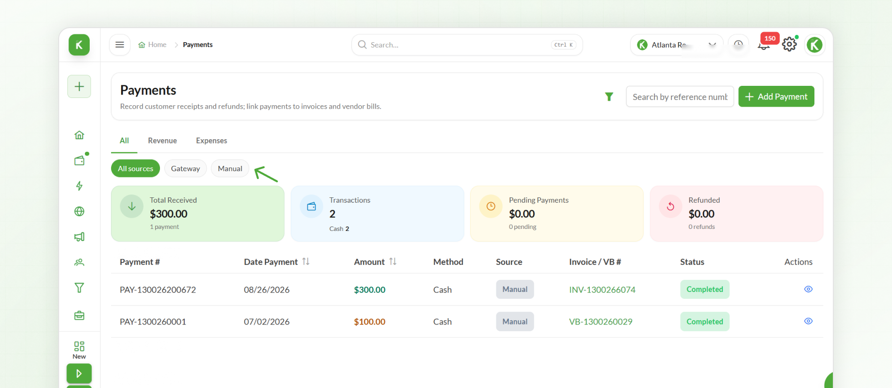 Gateway and Manual filter in Payments 